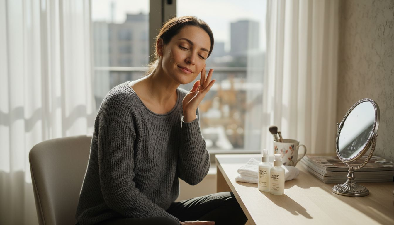 Woman applying peptide serum at vanity