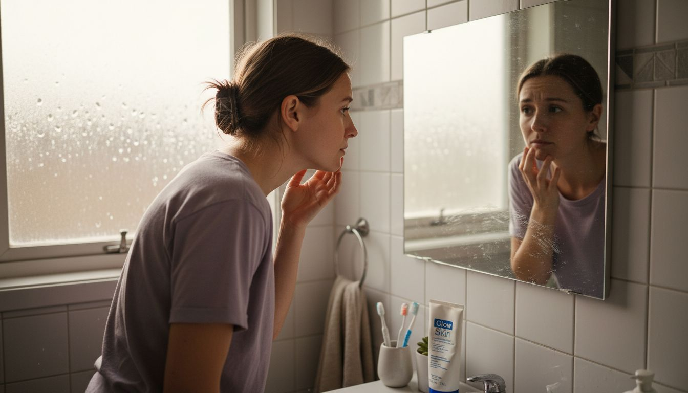 Woman checking uneven skin tone in mirror