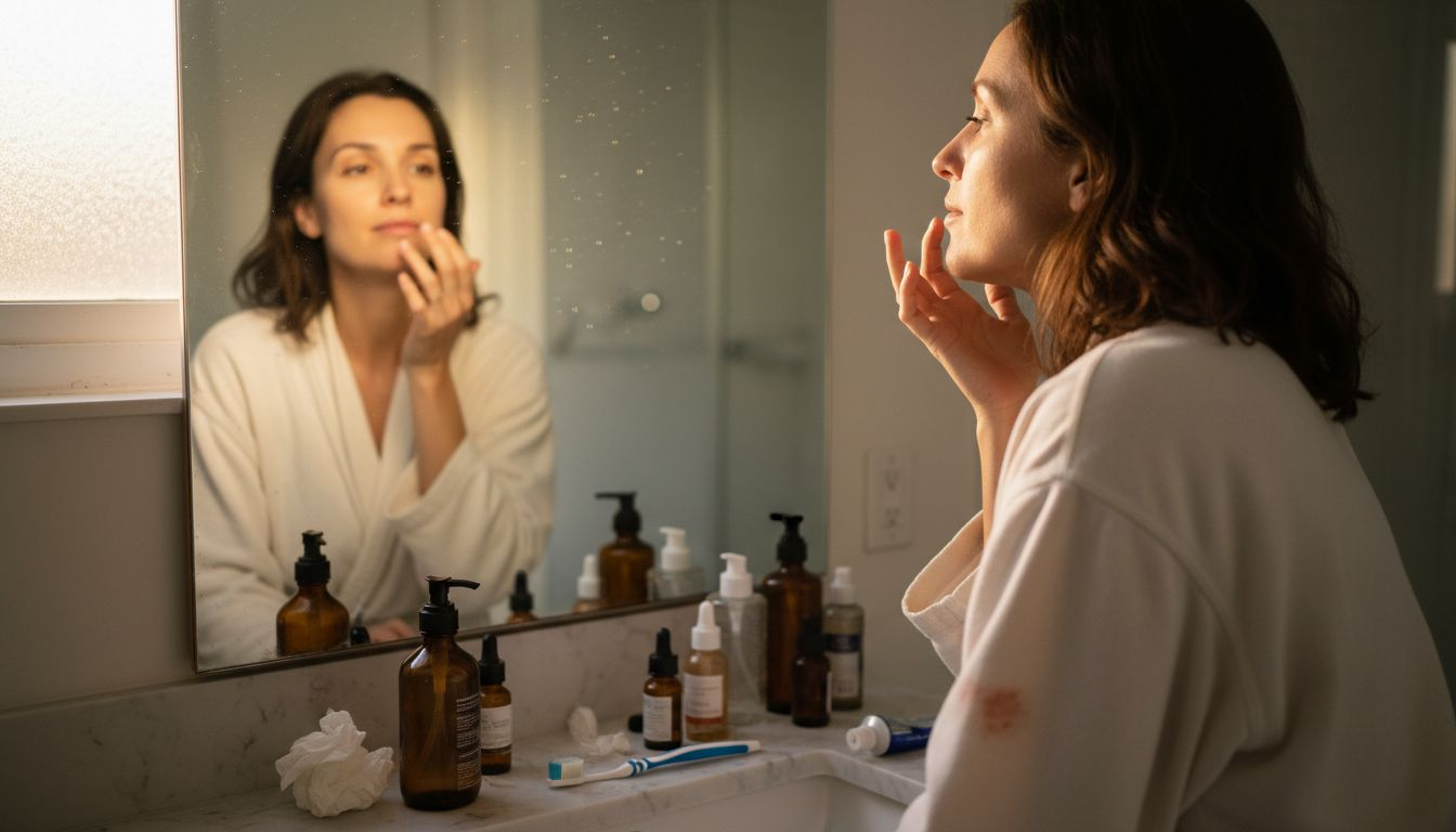 Woman applying serum in realistic bathroom setting