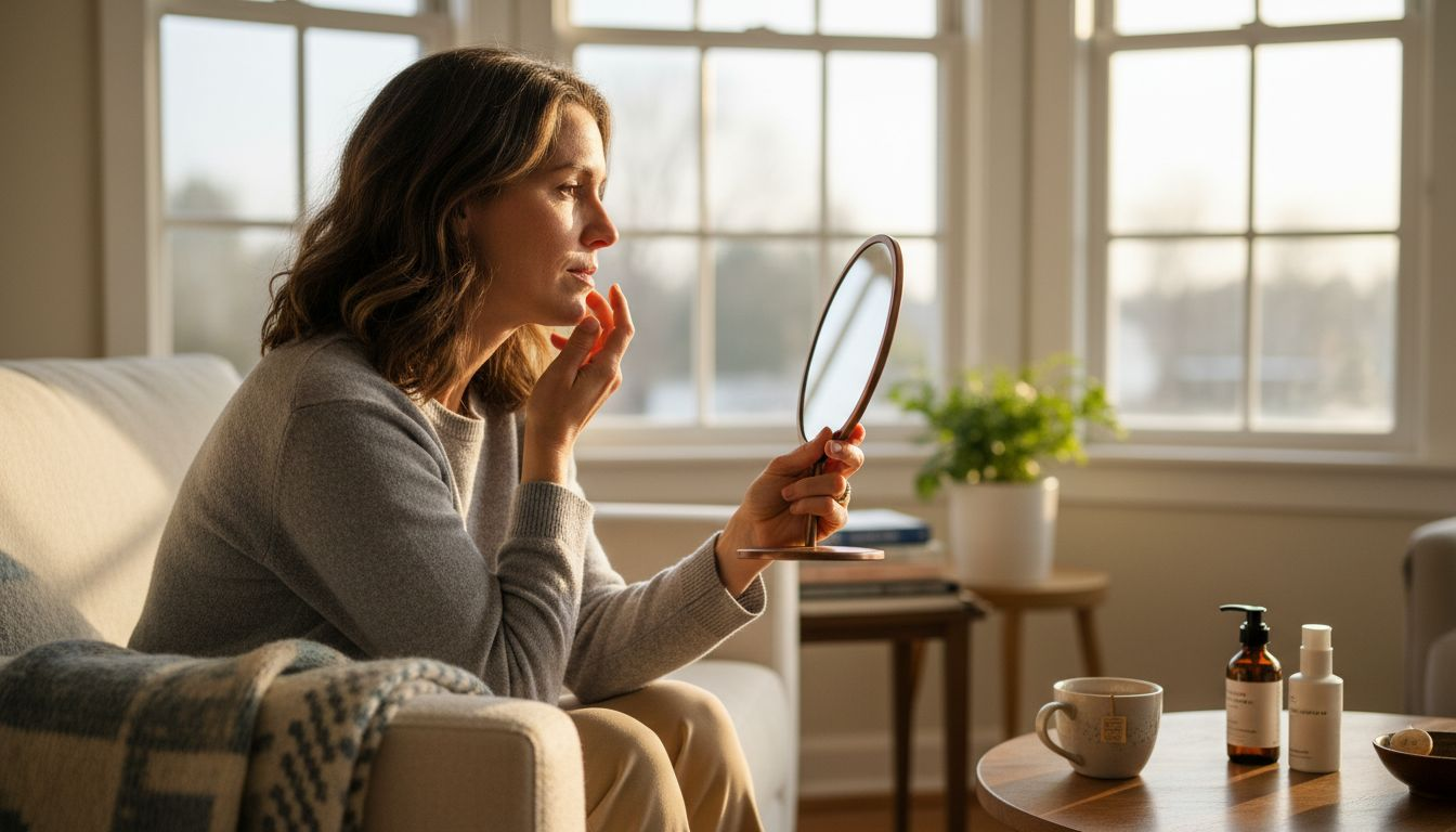 Woman examining skin in natural morning light