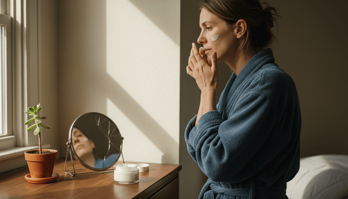 Woman caring for skin near bedroom window