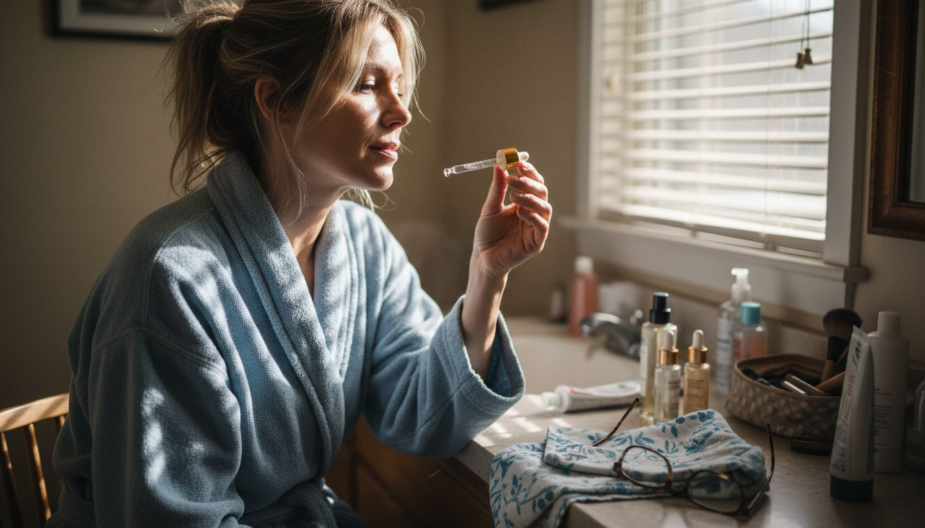 Woman applying skincare at home vanity