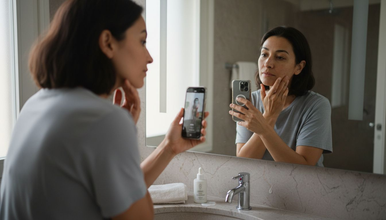 Woman assessing skin in bathroom mirror