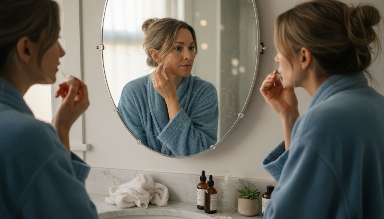 Woman applying serum at bathroom mirror