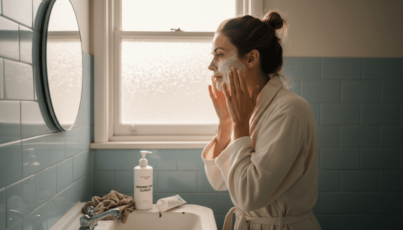 Woman gently cleanses sensitive skin bathroom
