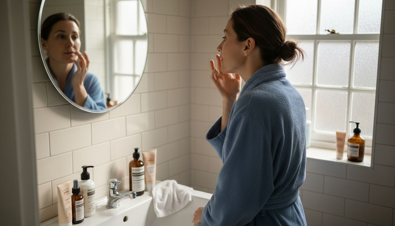 Woman applying serum in home bathroom