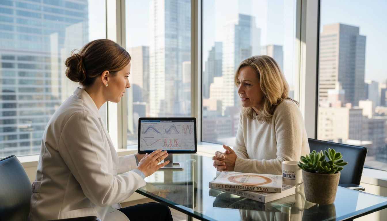 Dermatologist showing skin aging charts in office