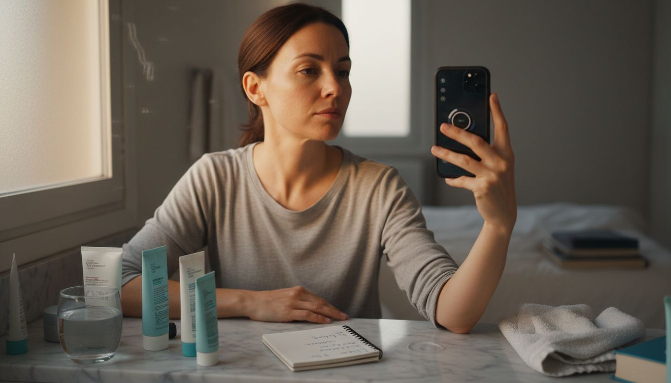 Woman tracking skincare progress at vanity