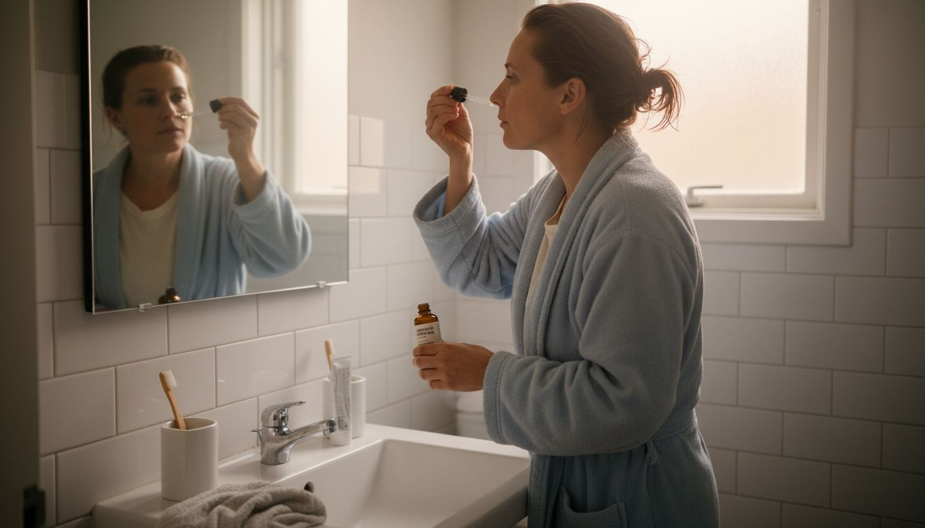 Woman using facial serum in small bathroom