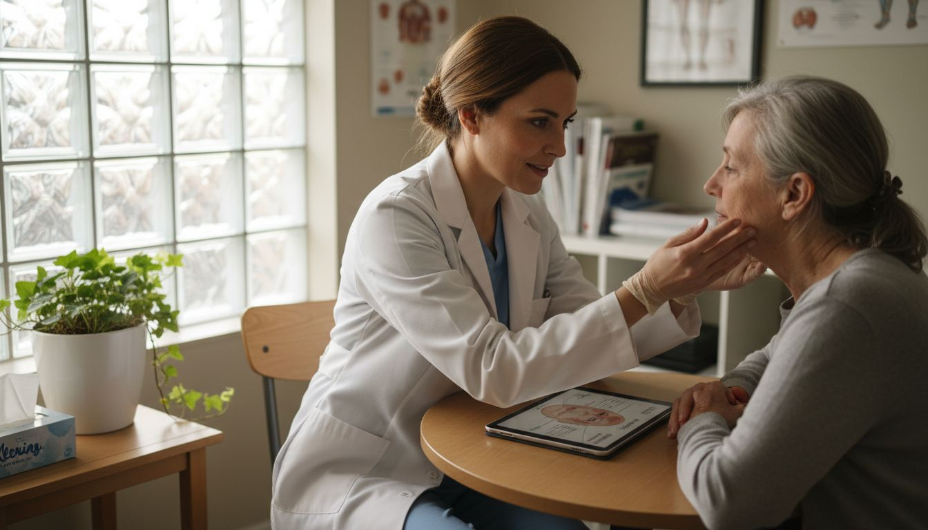 Dermatologist consulting older patient for skin care
