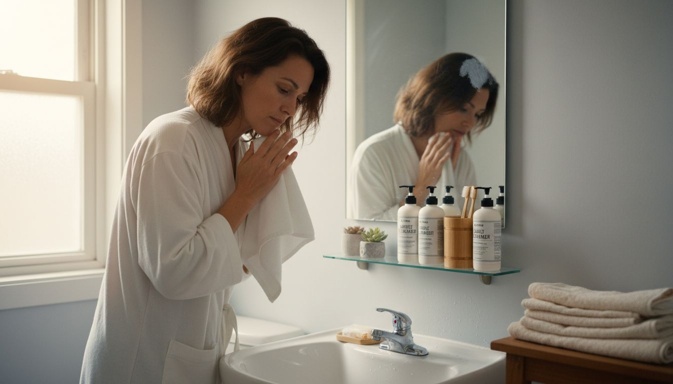 Woman caring for sensitive skin at sink