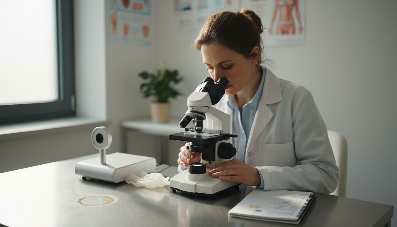 Dermatologist analyzing skin cells in clinic