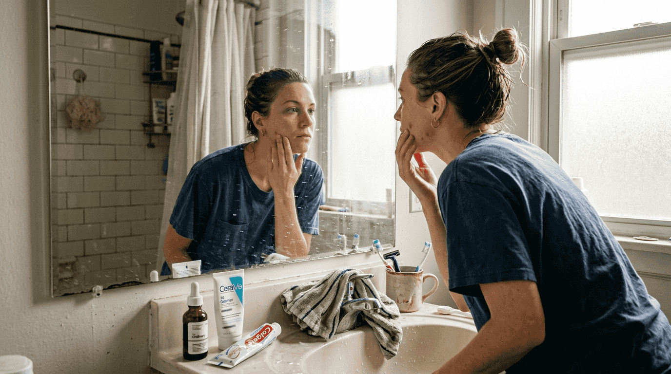 Woman checking skin tone in bathroom mirror