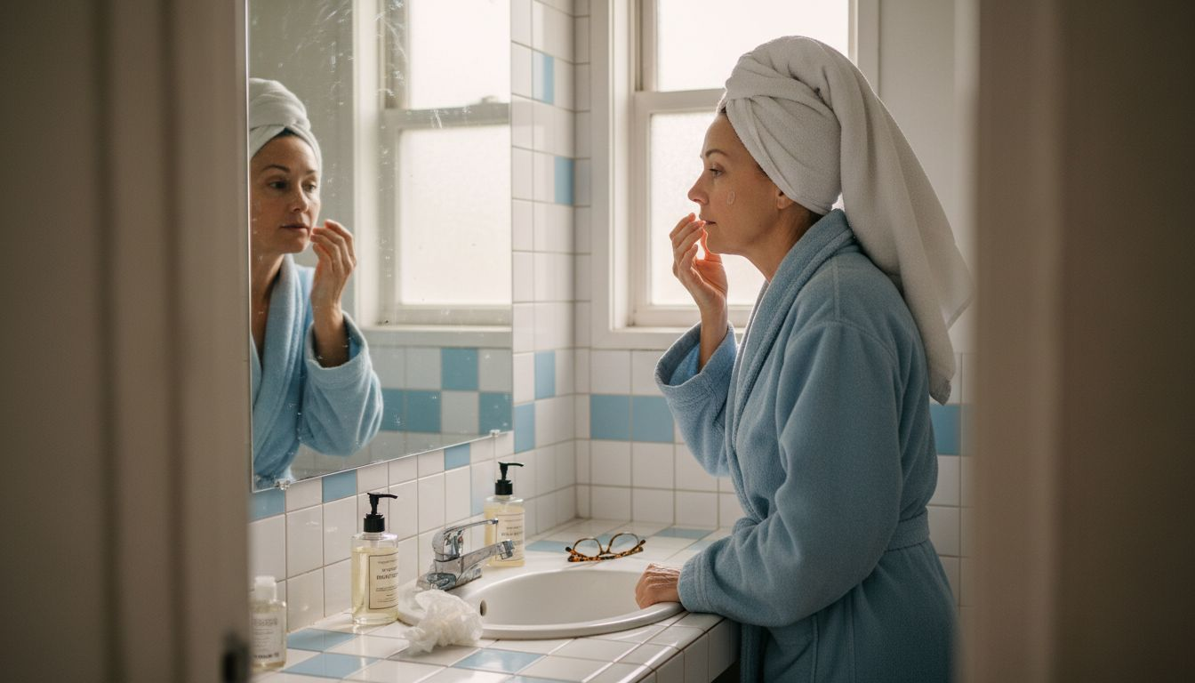 Woman applying serum for aging skin at sink