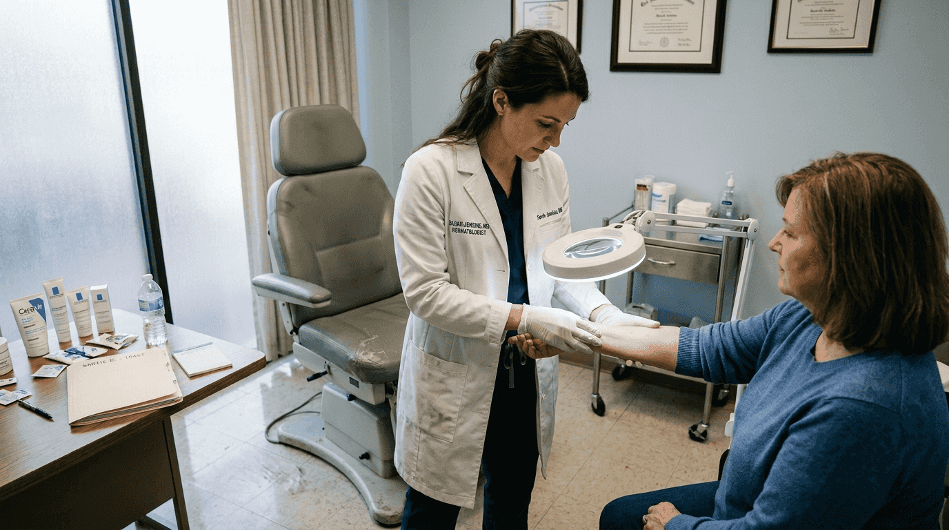 Dermatologist examining skin in clinic