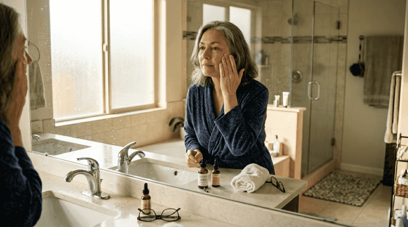 Middle-aged woman applying serum in sunny bathroom