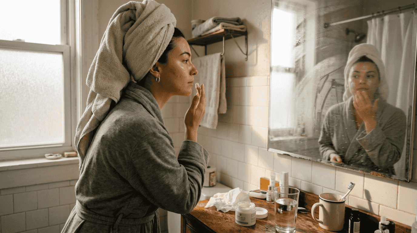 Woman applies cream in morning bathroom routine