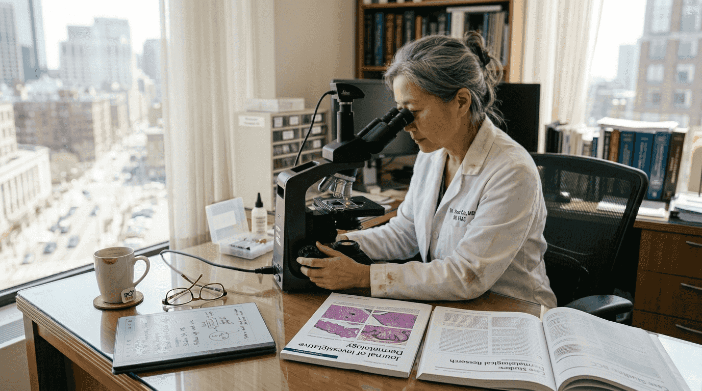 Dermatologist reviewing skin tissue samples in clinic