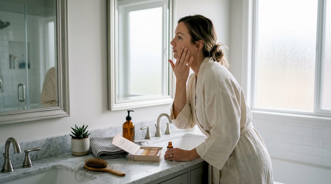 Woman applying serum in home bathroom