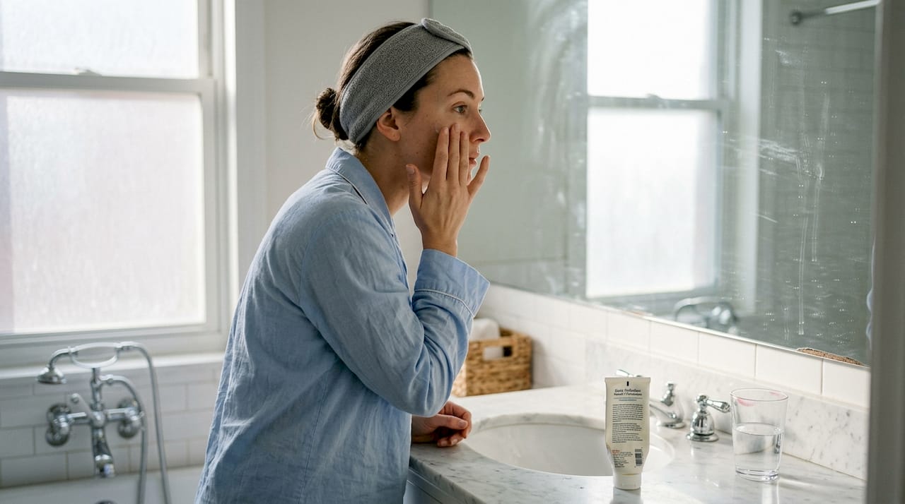 Woman applying serum in authentic bathroom setting