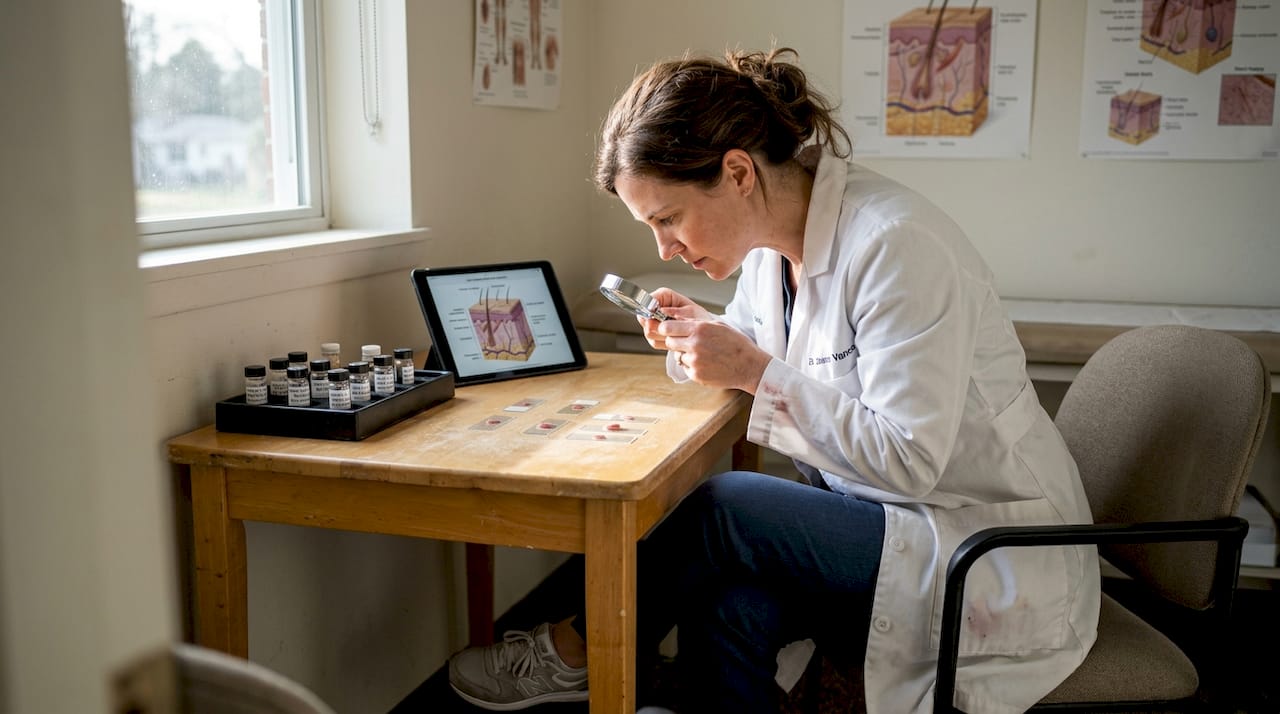 Dermatologist inspecting skin with samples in clinic