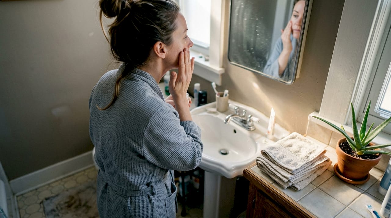 Woman applying skincare in morning bathroom