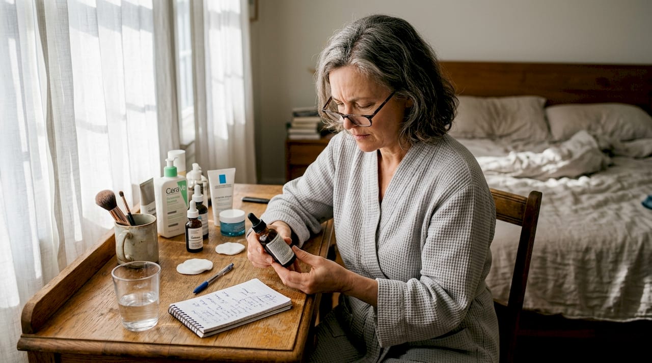 Woman evaluating skincare products at vanity