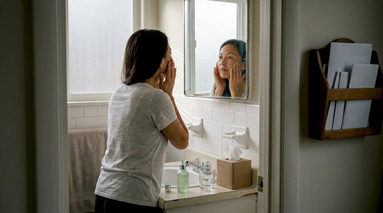 Woman applying serum in home bathroom