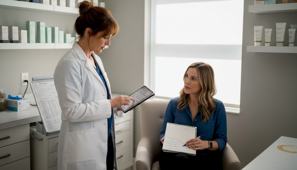 Dermatologist discussing skincare regimen with patient
