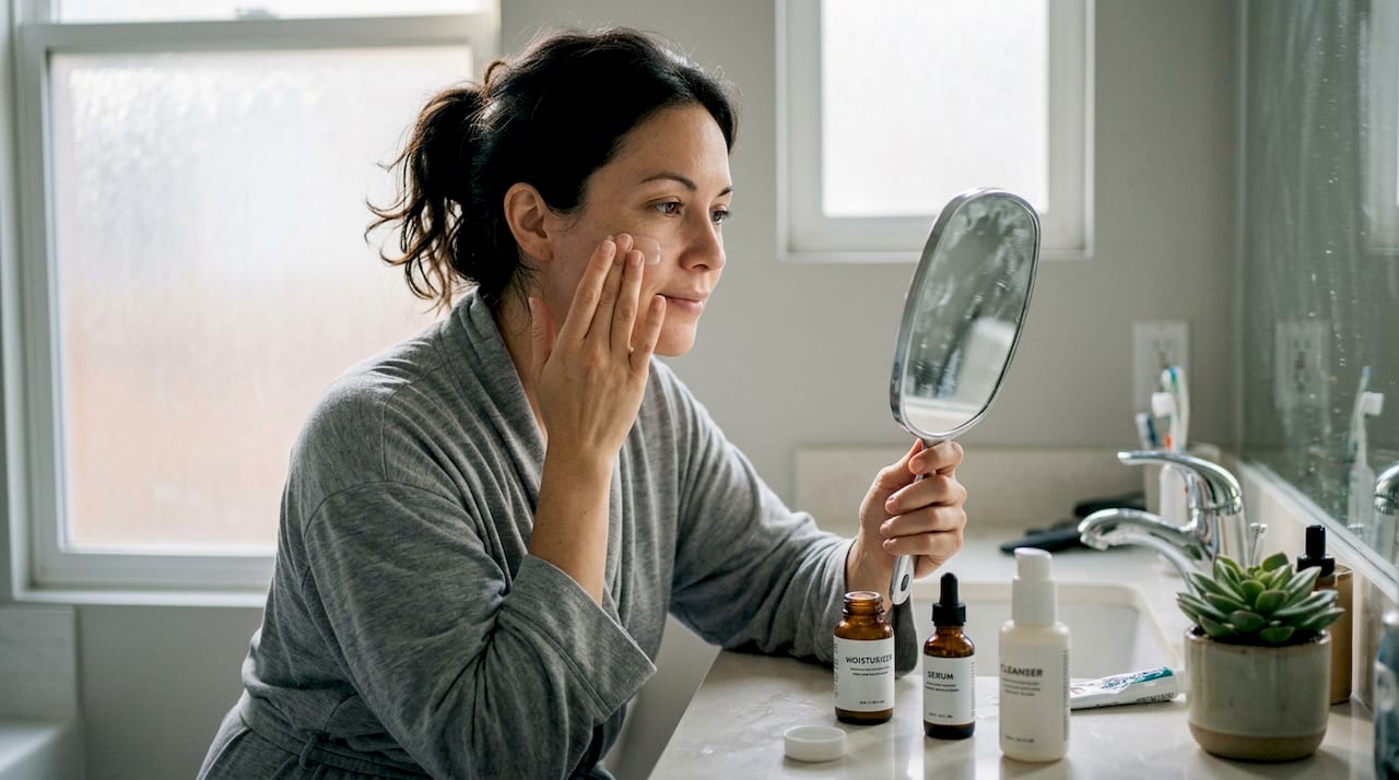 Woman applying skin cream at bathroom vanity