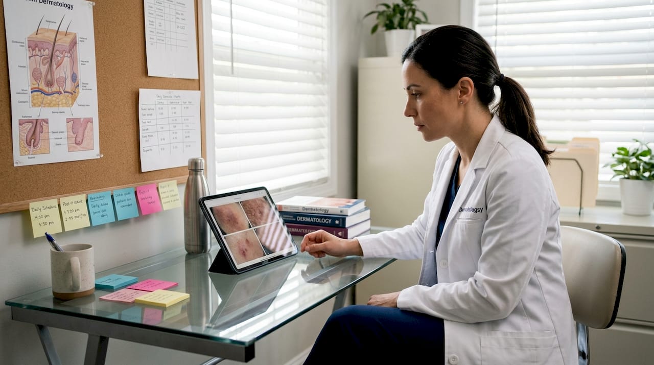 Dermatologist reviewing skin science images