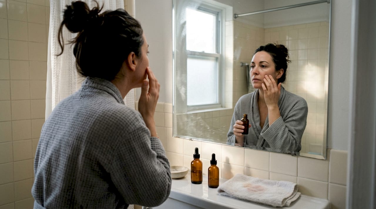 Woman applying serum by bathroom mirror