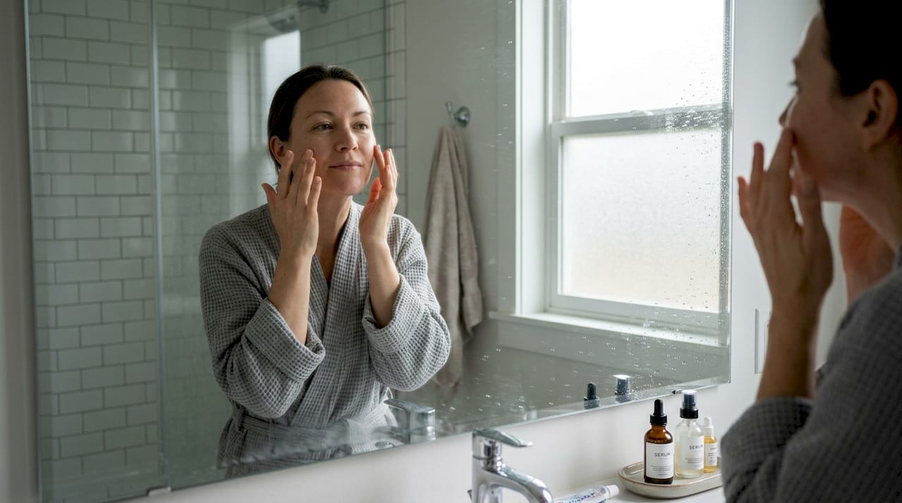 Woman applying serum at bathroom mirror