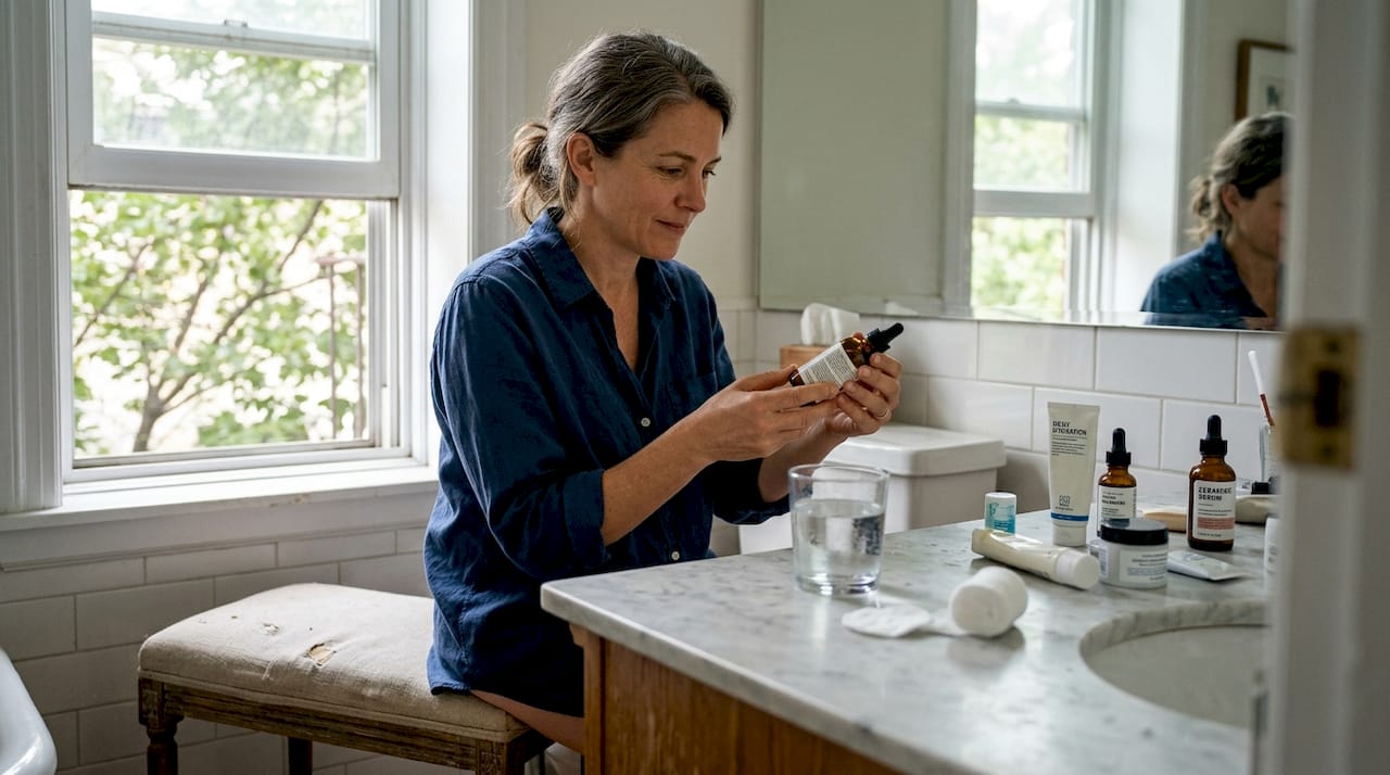 Woman reading skincare product label at vanity