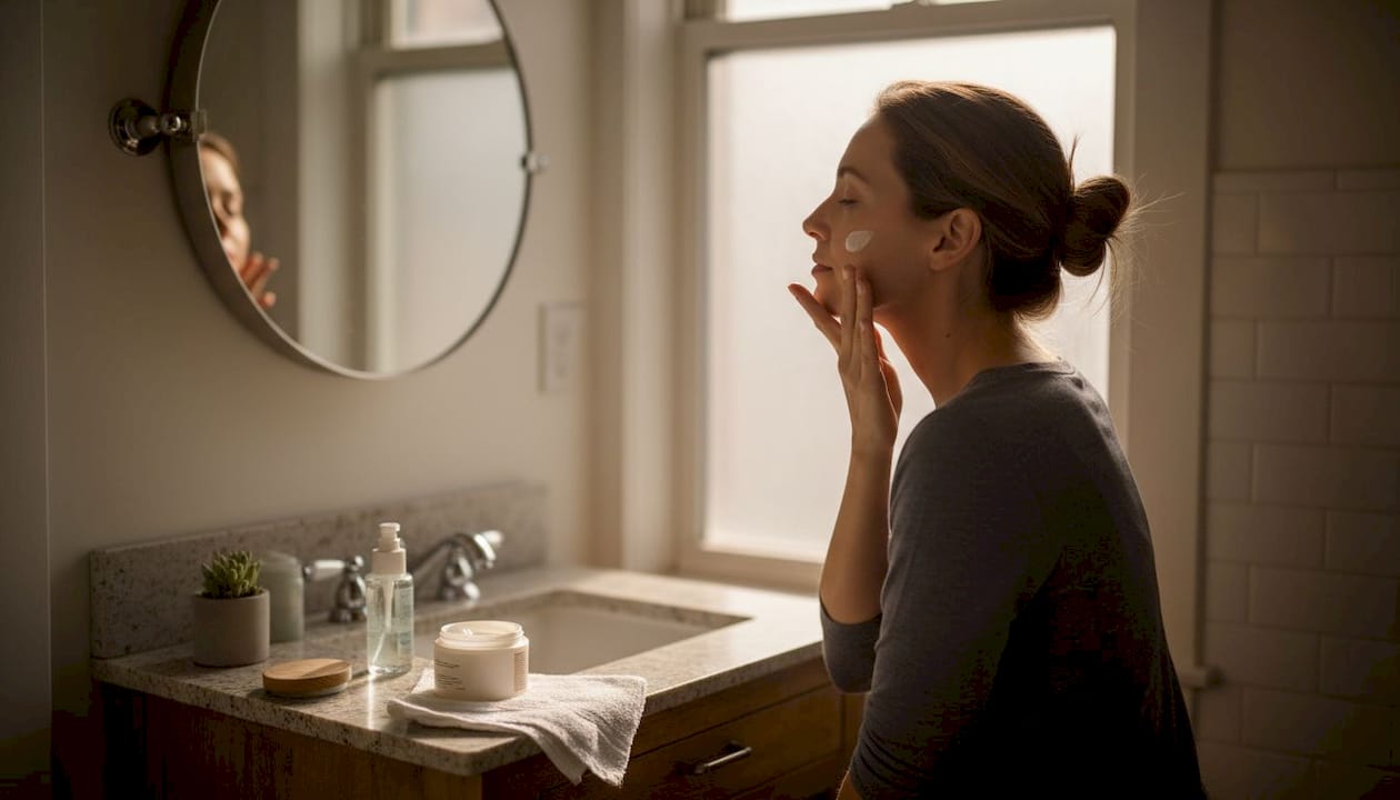 Woman applying moisturizer at bathroom vanity