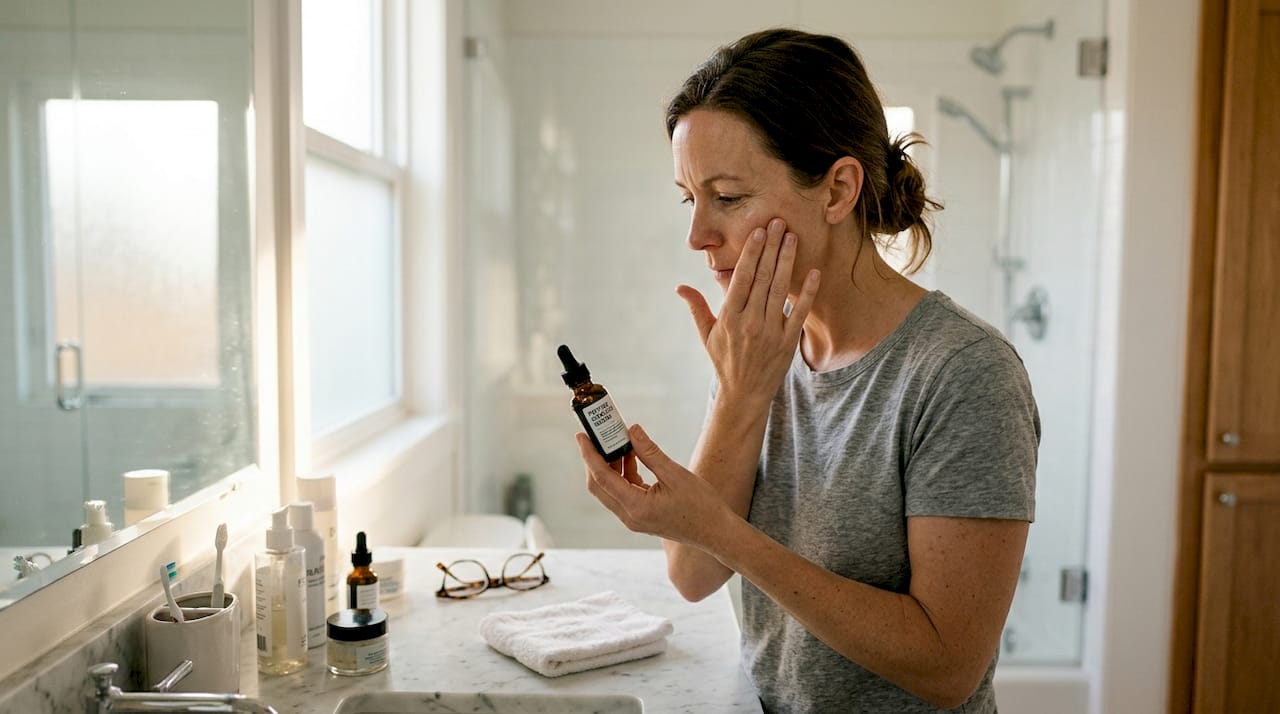 Woman applying peptide serum in home bathroom