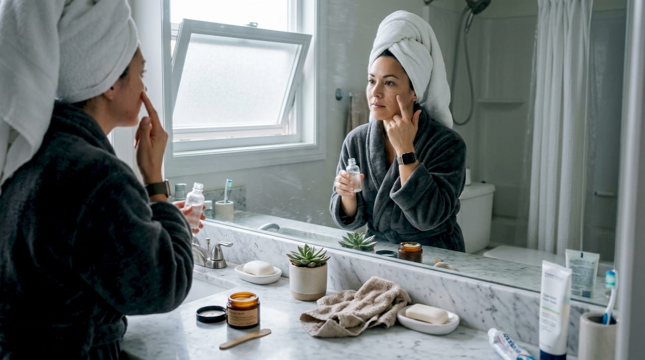 Woman applying serum in real home bathroom