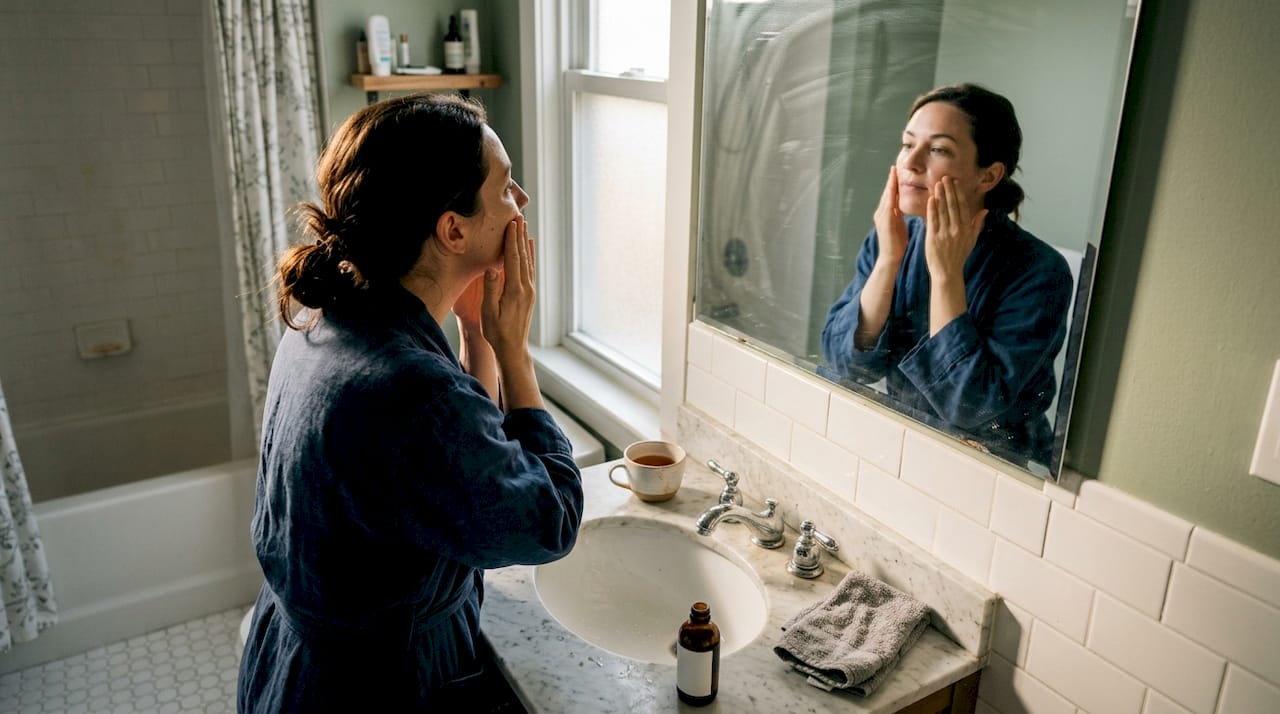Woman applying serum at bathroom mirror