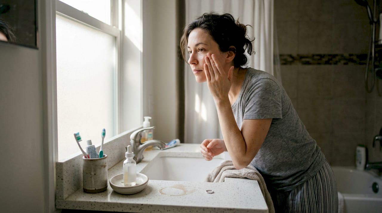 Woman applying serum in morning bathroom routine