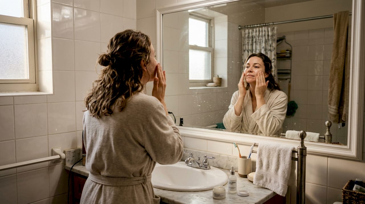 Woman applies serum in real bathroom setting