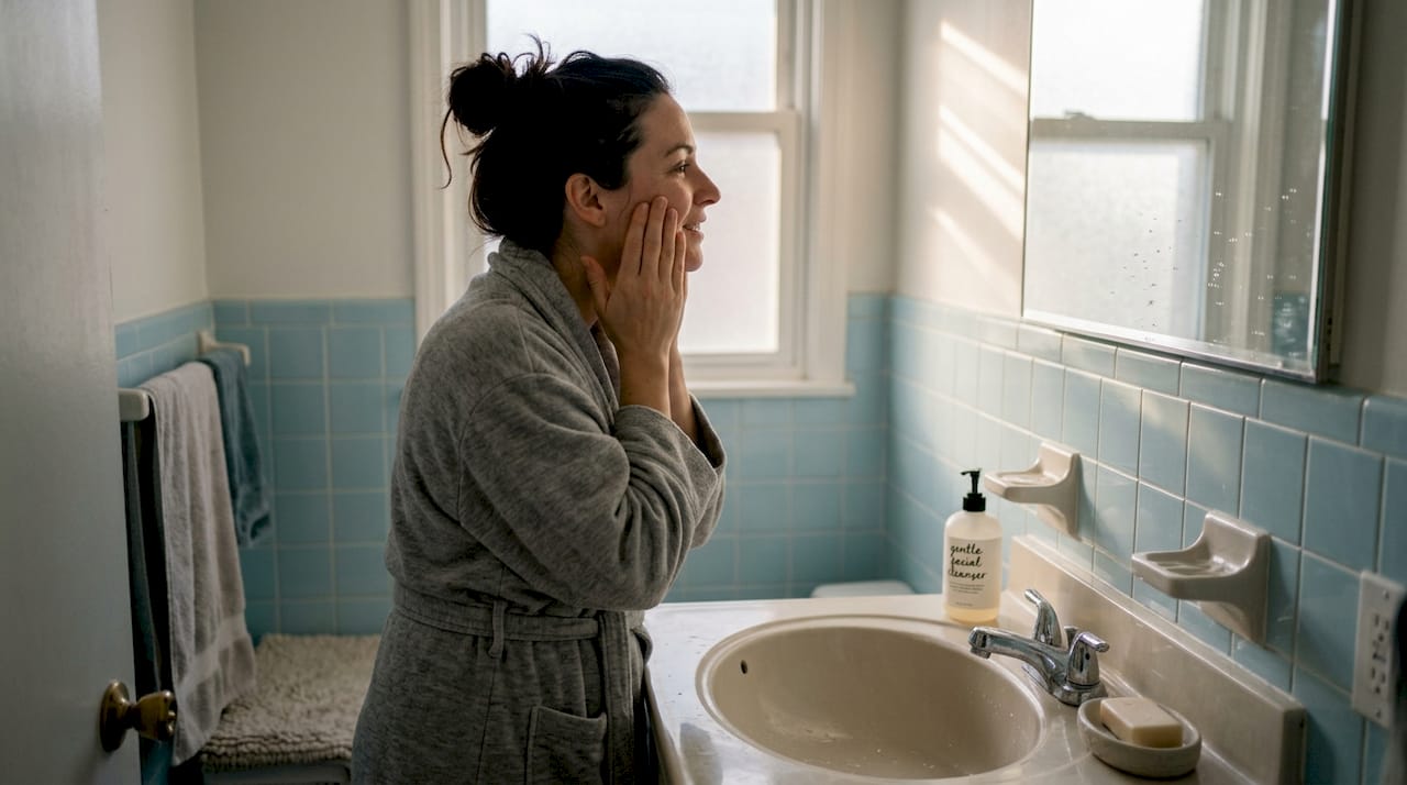 Woman doing gentle morning skincare routine