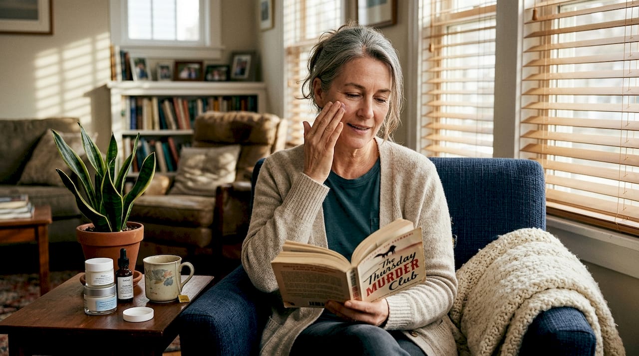 Woman applying moisturizer in a lived-in living room