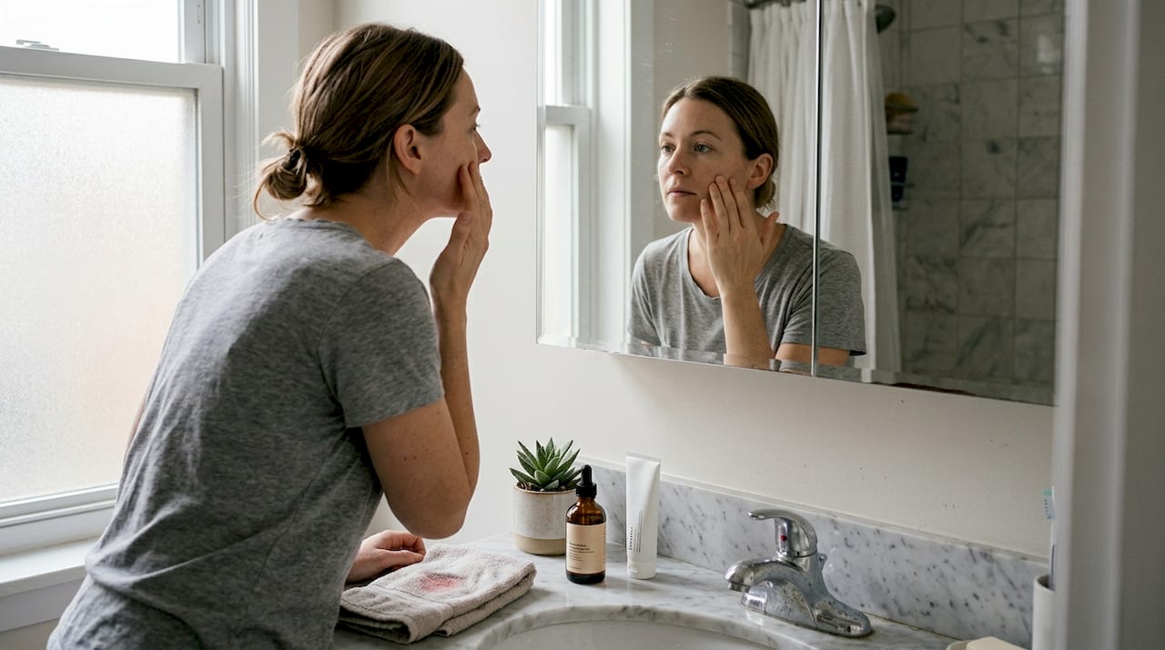 Woman applying serum in home bathroom
