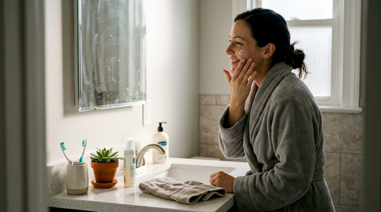 Woman applies moisturizer as daily hydration routine