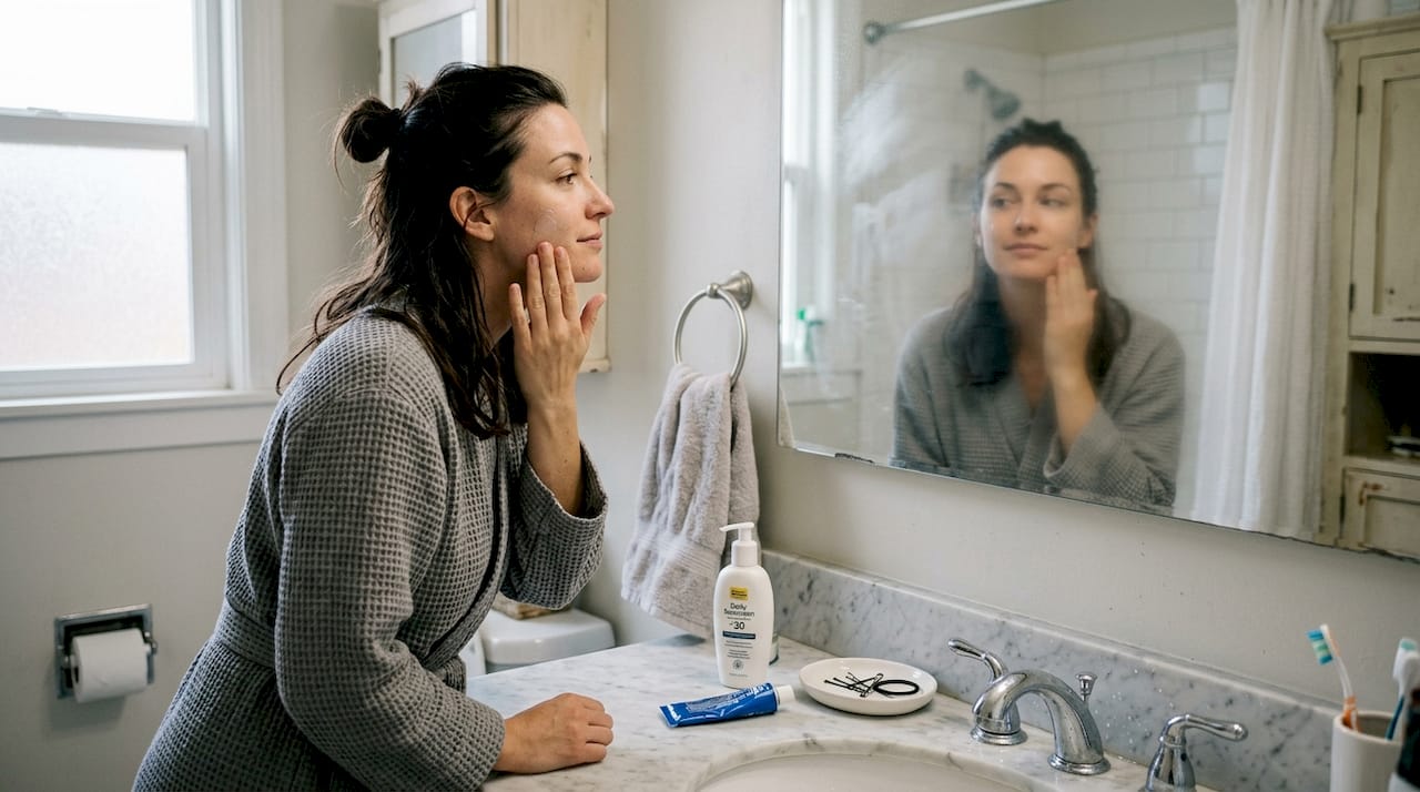 Woman applies moisturizer during morning skincare