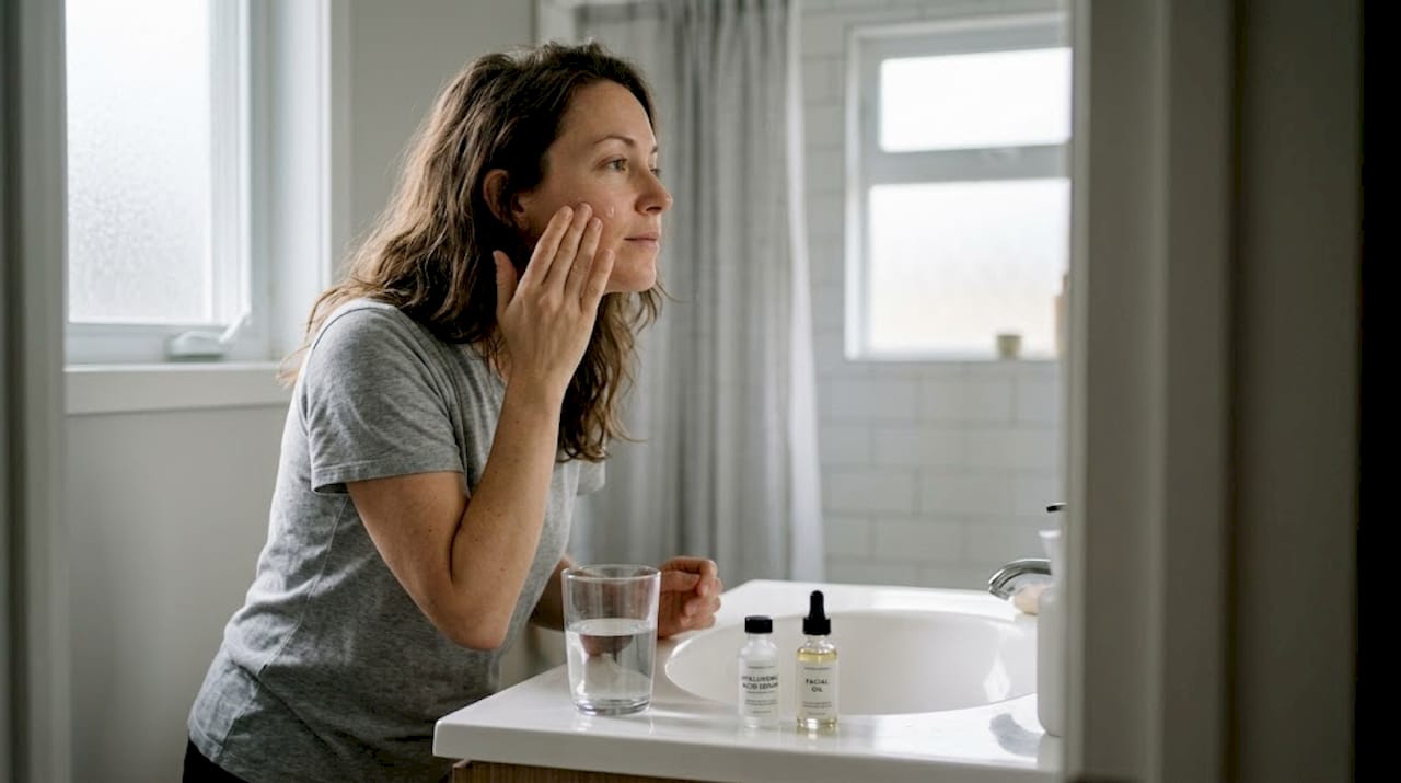 Woman applying serum in everyday bathroom