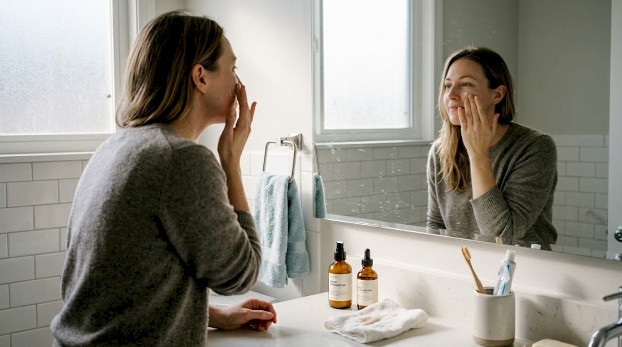 Woman applying moisturizer in bright bathroom