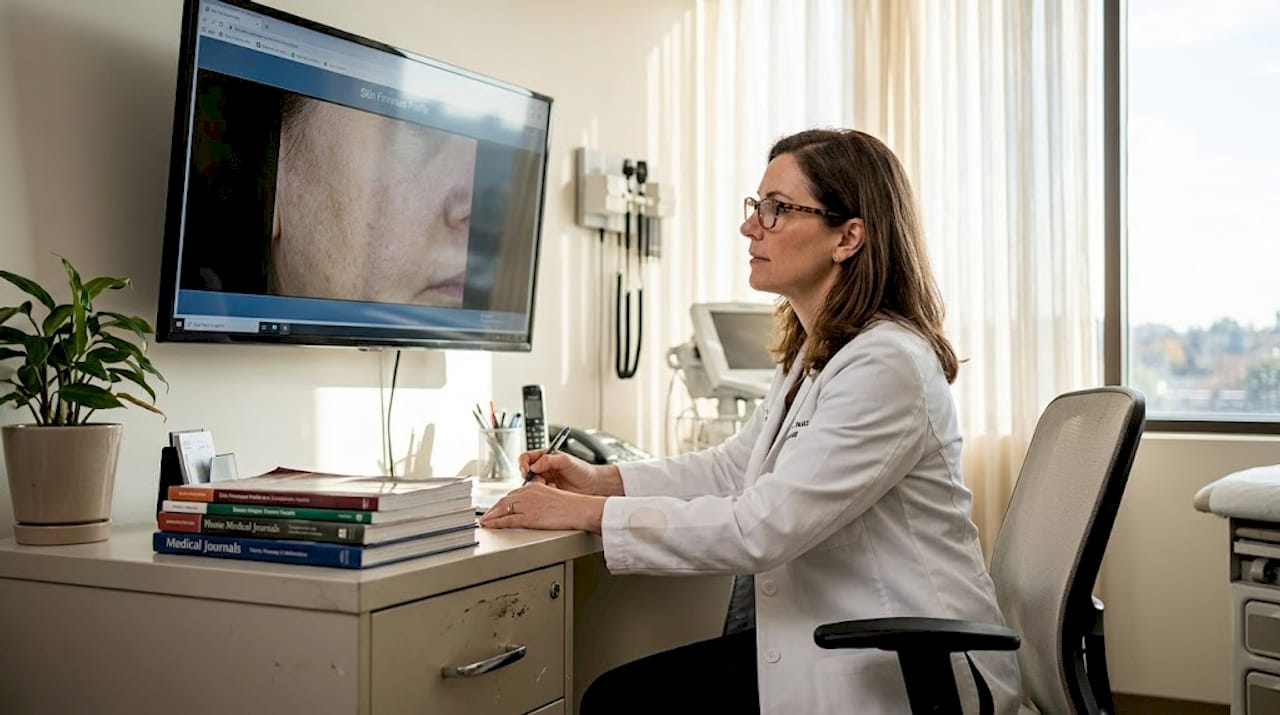 Dermatologist reviewing skin firmness scan