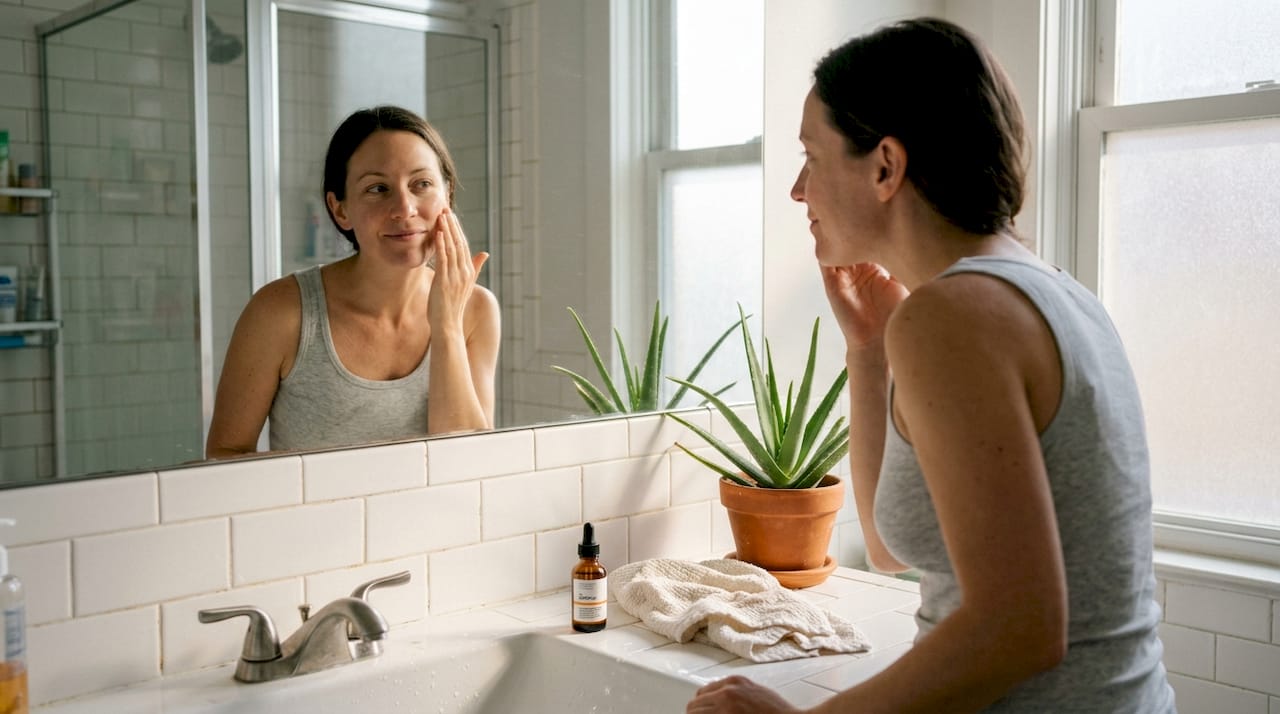 Woman applies moisturizer at bathroom vanity