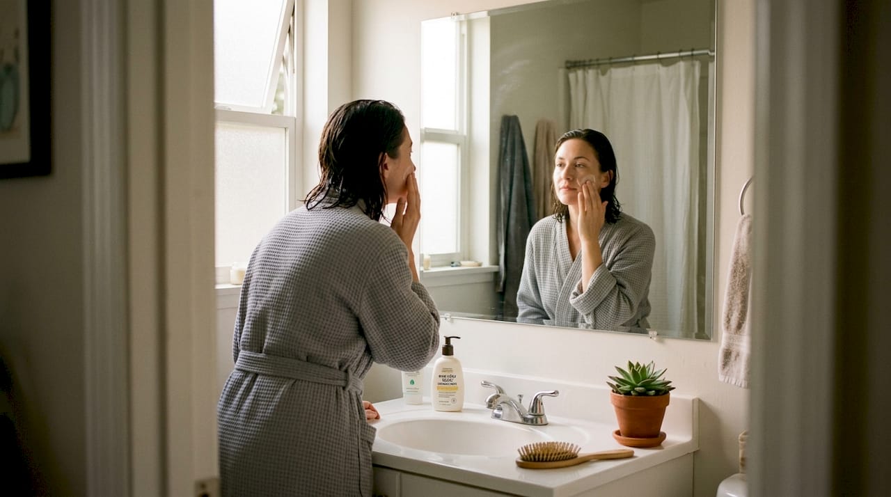 Woman applies moisturizer in morning bathroom routine